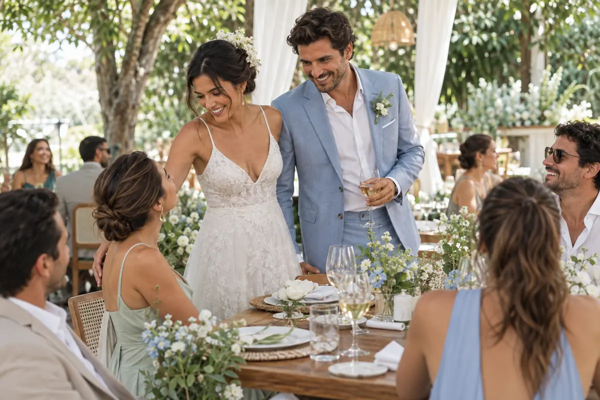 Noivos conversam com convidados durante recepção de casamento pela manhã