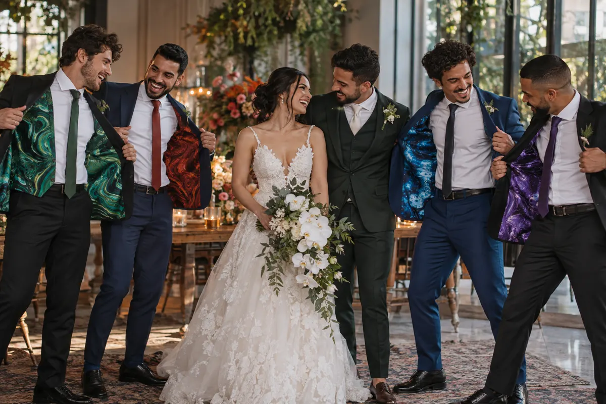 Casal e padrinhos em festa de casamento com detalhes coloridos inspirados em histórias de heróis