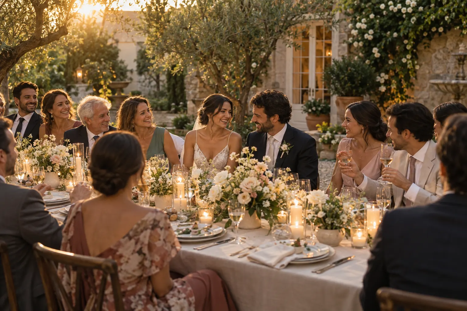 Casal celebra casamento intimista à mesa com familiares e amigos em um jardim