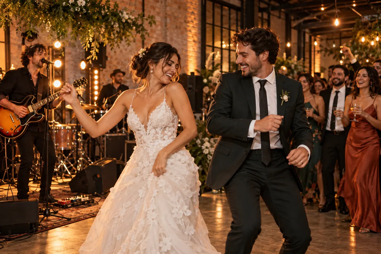 Noivos dançam diante de uma banda de rock em festa de casamento