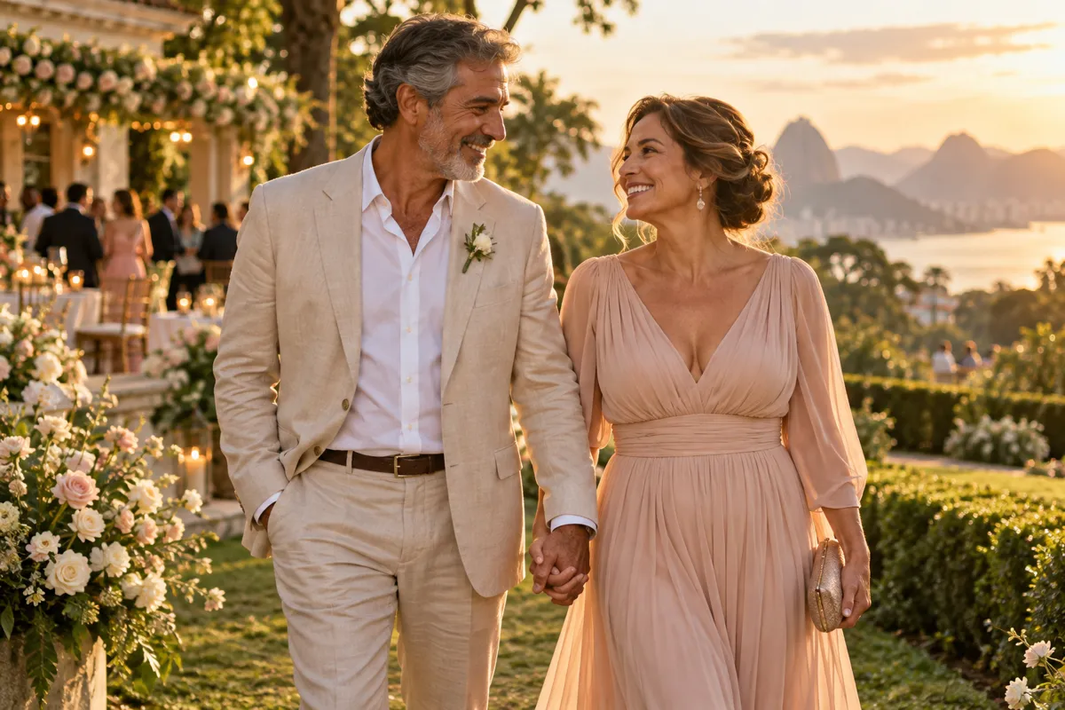 Casal maduro caminhando de mãos dadas em um jardim após uma celebração