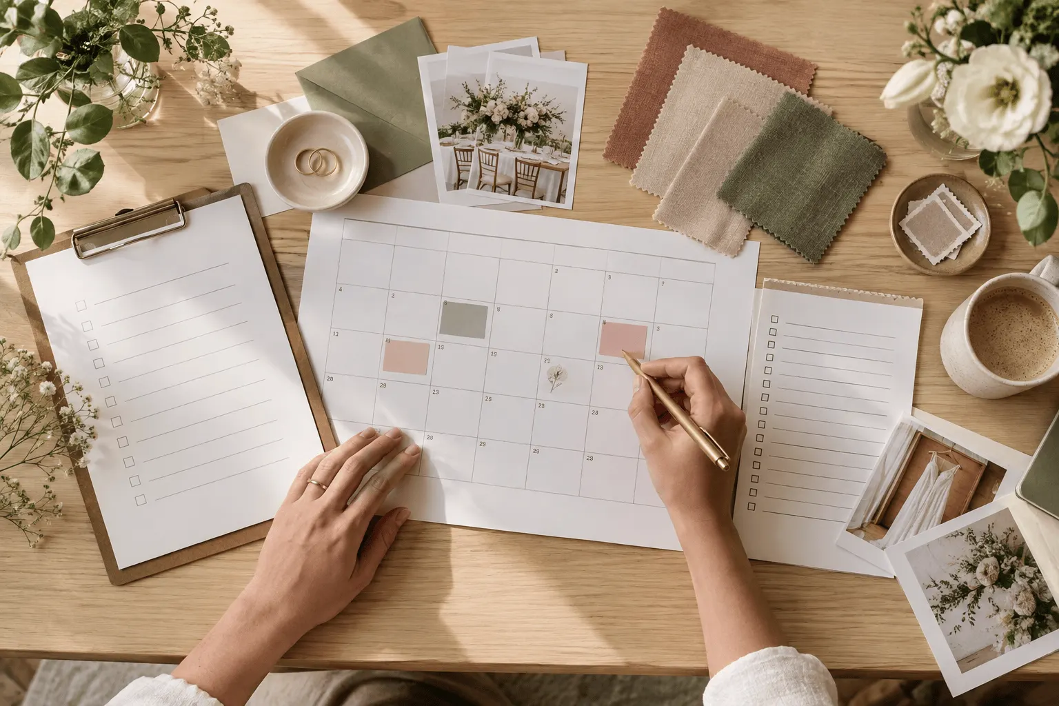 Casal revisa o cronograma do casamento com calendário, amostras e anotações