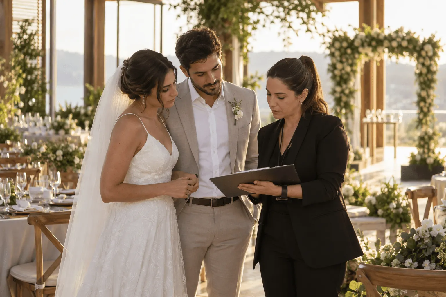 Casal revisa os detalhes finais do casamento com a assessora