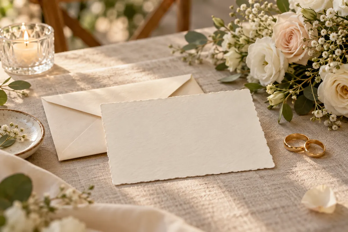 Cartão em branco, envelope, flores claras e alianças sobre mesa de linho