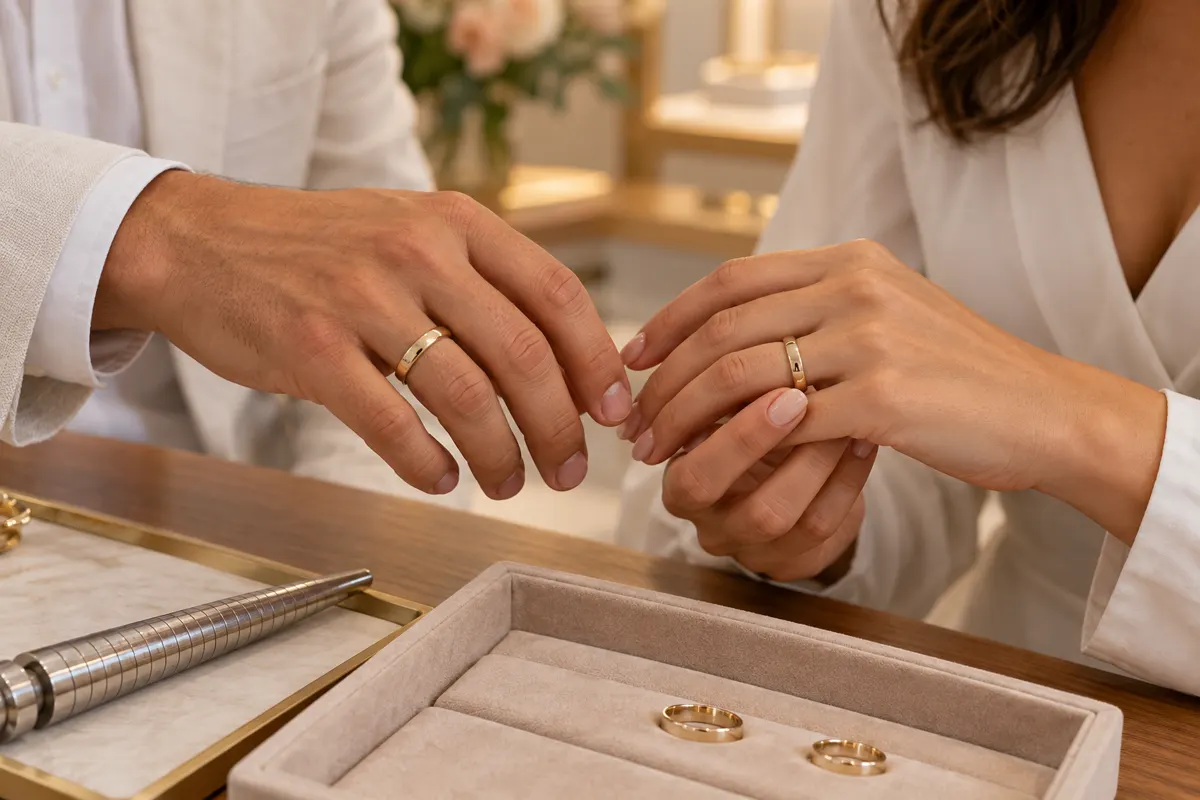 Casal experimentando alianças de casamento em uma joalheria