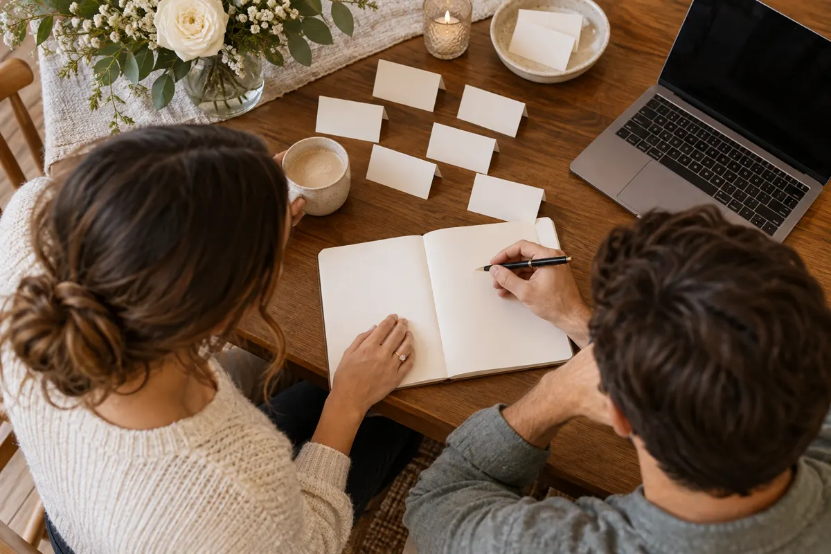 Casal organiza lista de convidados em caderno e cartões sobre a mesa