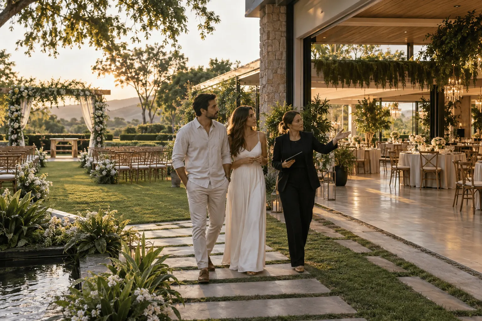 Casal visita espaço com jardim e salão para escolher o local do casamento