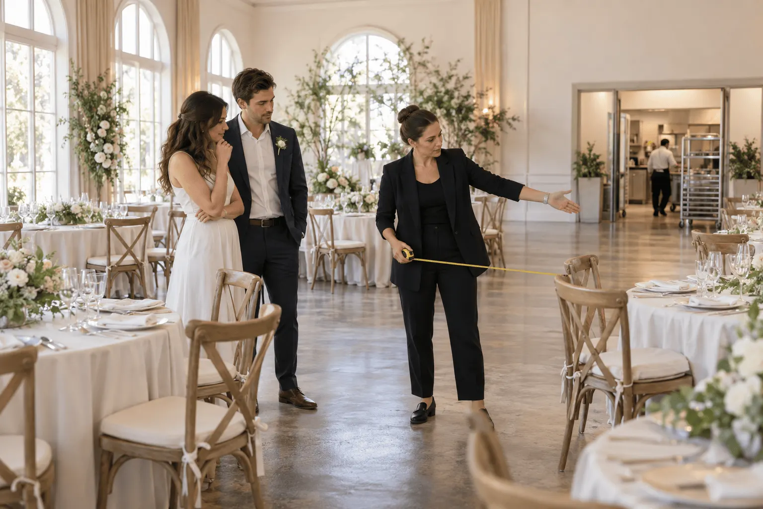 Coordenadora mede circulação entre mesas no espaço de casamento