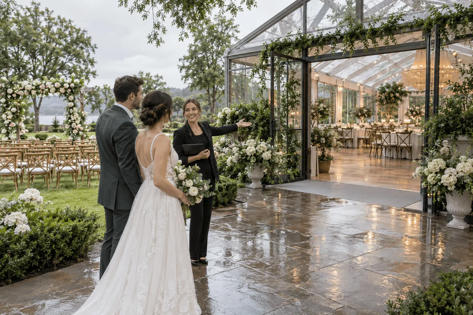 Casal conhece área coberta preparada como plano para chuva no casamento