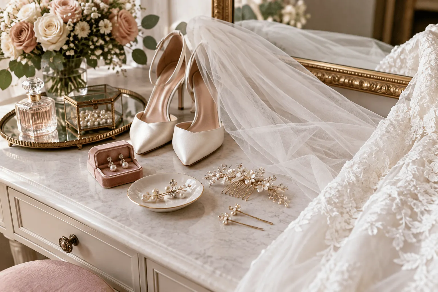 Véu, brincos, presilha e sapatos organizados ao lado do vestido de noiva