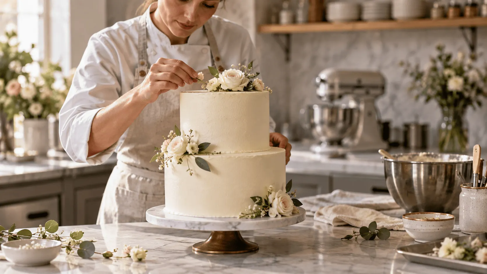 Confeiteira finaliza bolo de casamento de dois andares