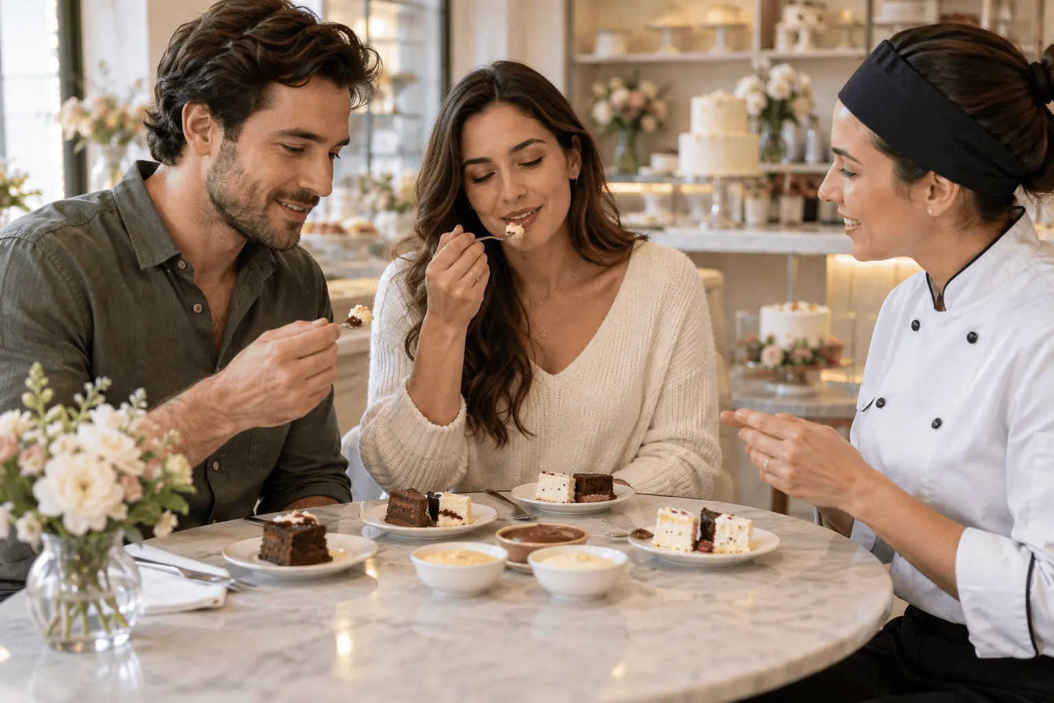 Casal prova sabores de bolo com confeiteira