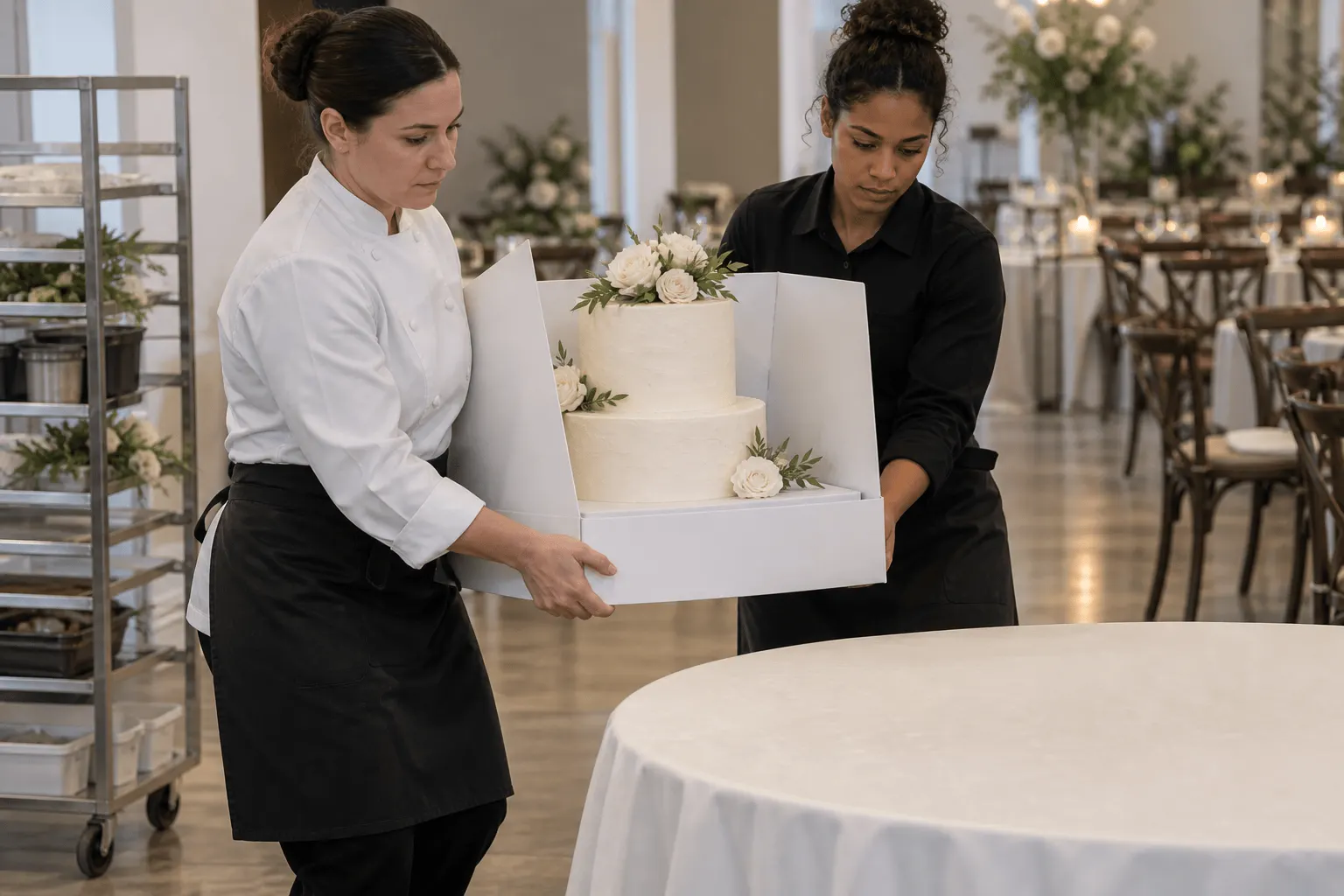 Equipe posiciona bolo de casamento protegido no salão