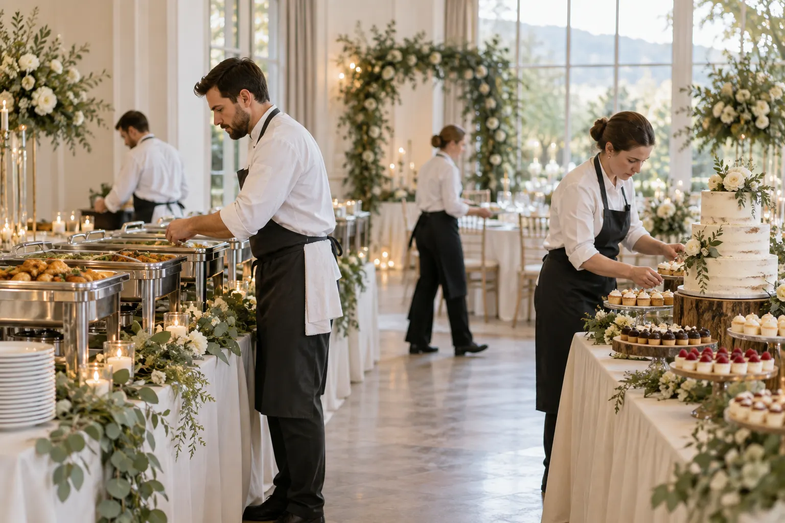 Equipe organiza estações de comida e sobremesa em recepção de casamento