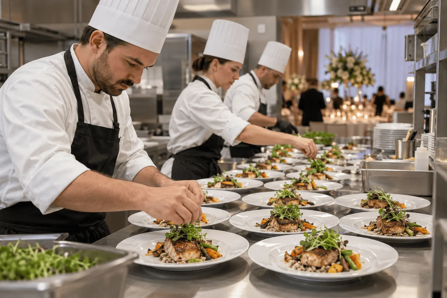 Equipe profissional finaliza pratos para o serviço do casamento