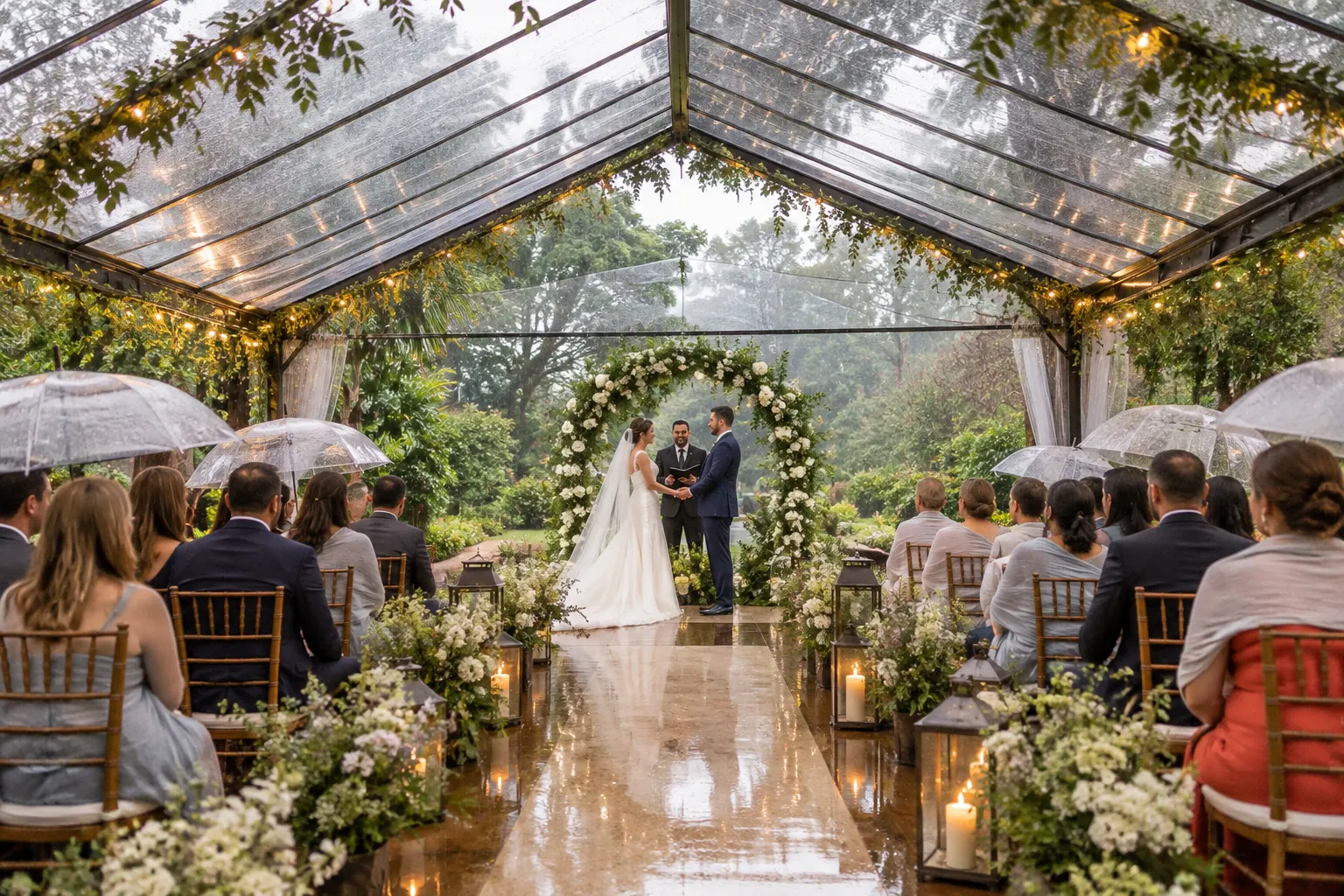 Cerimônia de casamento protegida da chuva por cobertura transparente