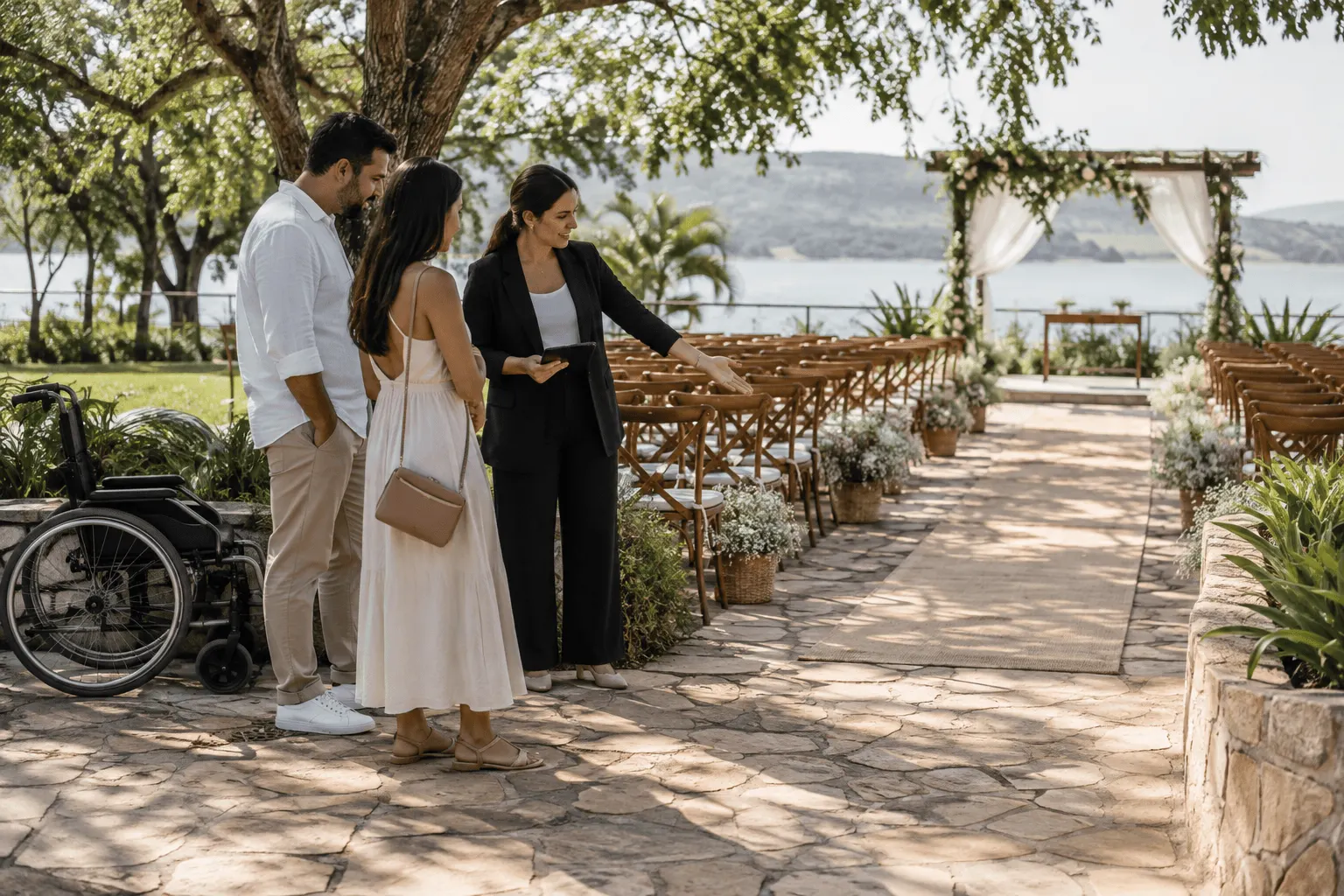 Casal visita local de cerimônia com assessora e observa a acessibilidade