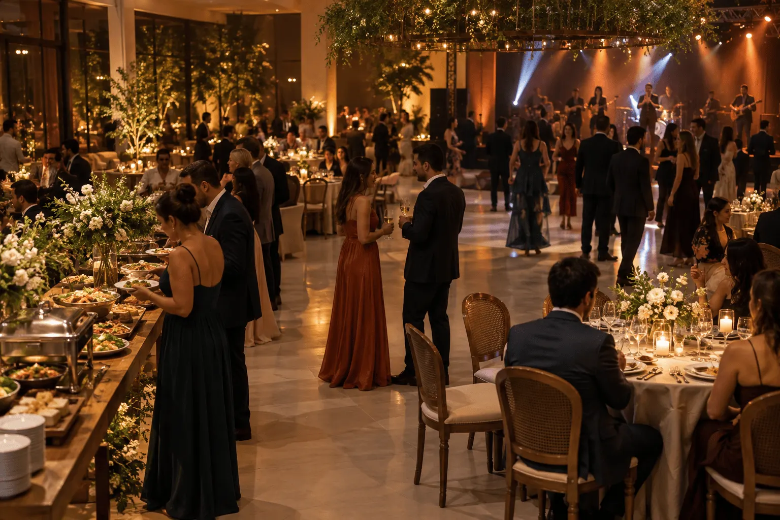 Convidados circulam entre mesas, buffet e pista em recepção de casamento
