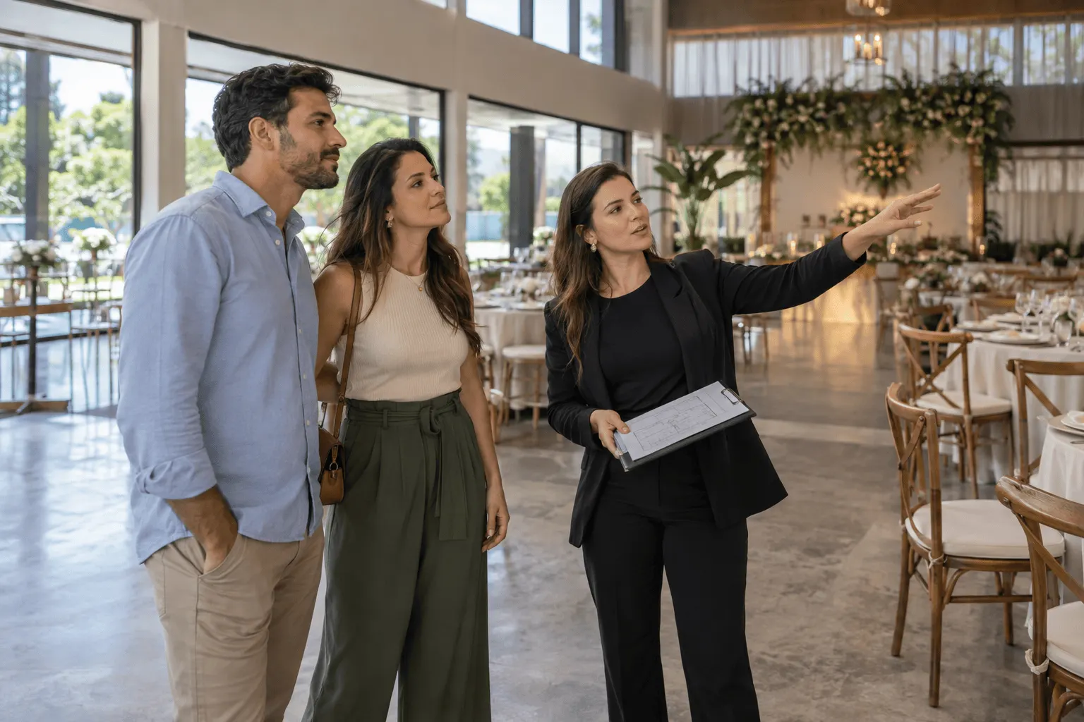 Casal visita espaço para recepção de casamento com assessora