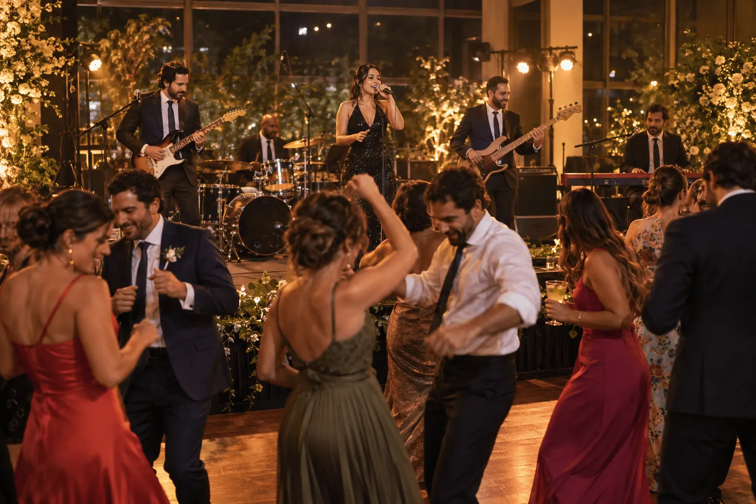 Banda toca enquanto convidados dançam na festa de casamento