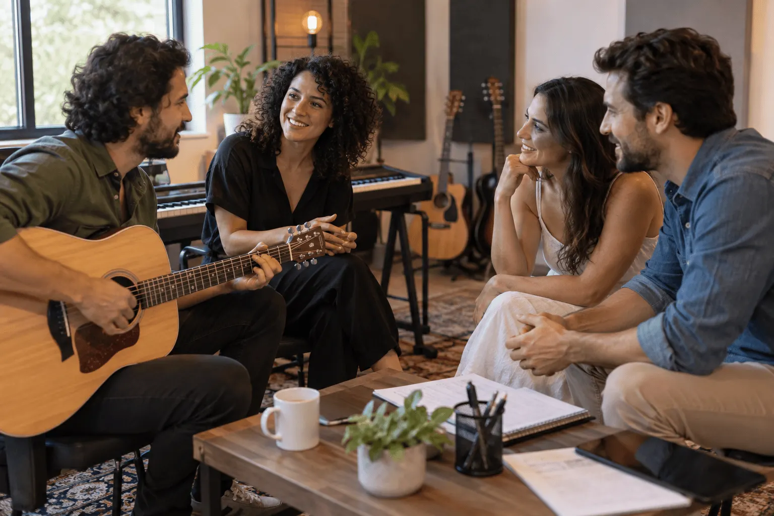 Casal conversa com músicos durante reunião de repertório
