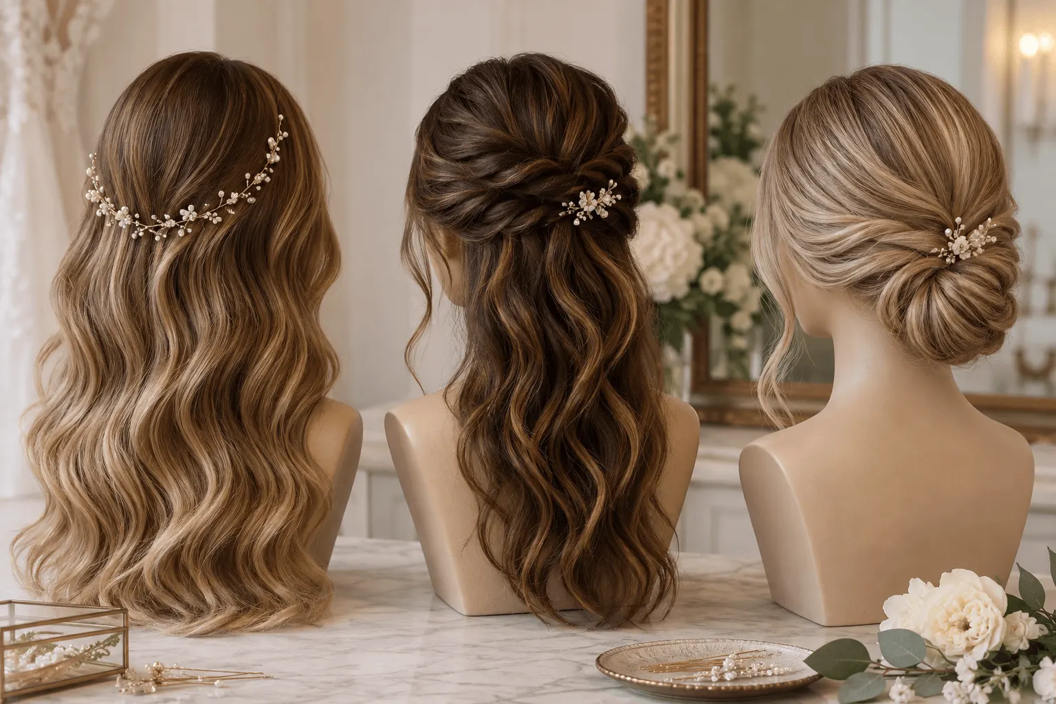 Referências de penteado solto, meio preso e coque baixo