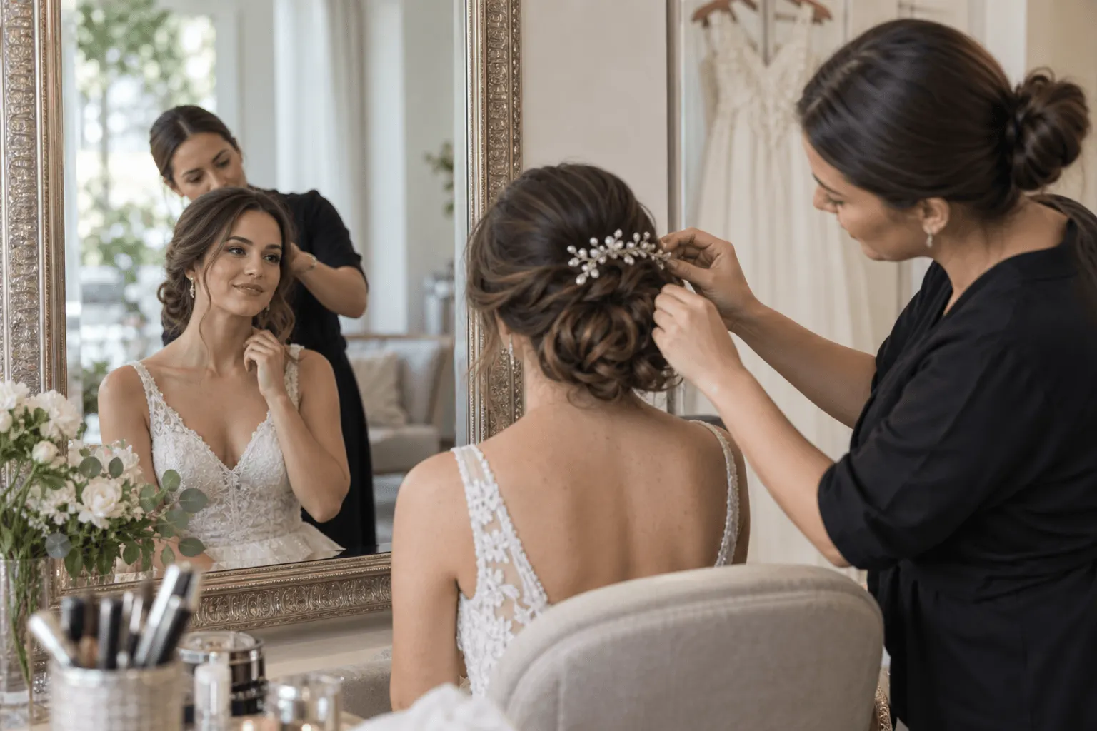 Noiva observa no espelho o teste de penteado