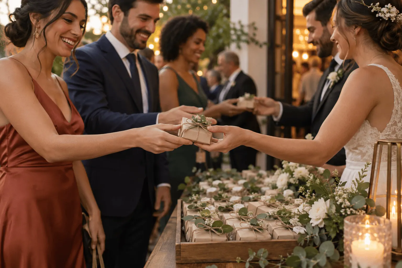 Noivos entregam pequenas lembranças aos convidados no final da festa