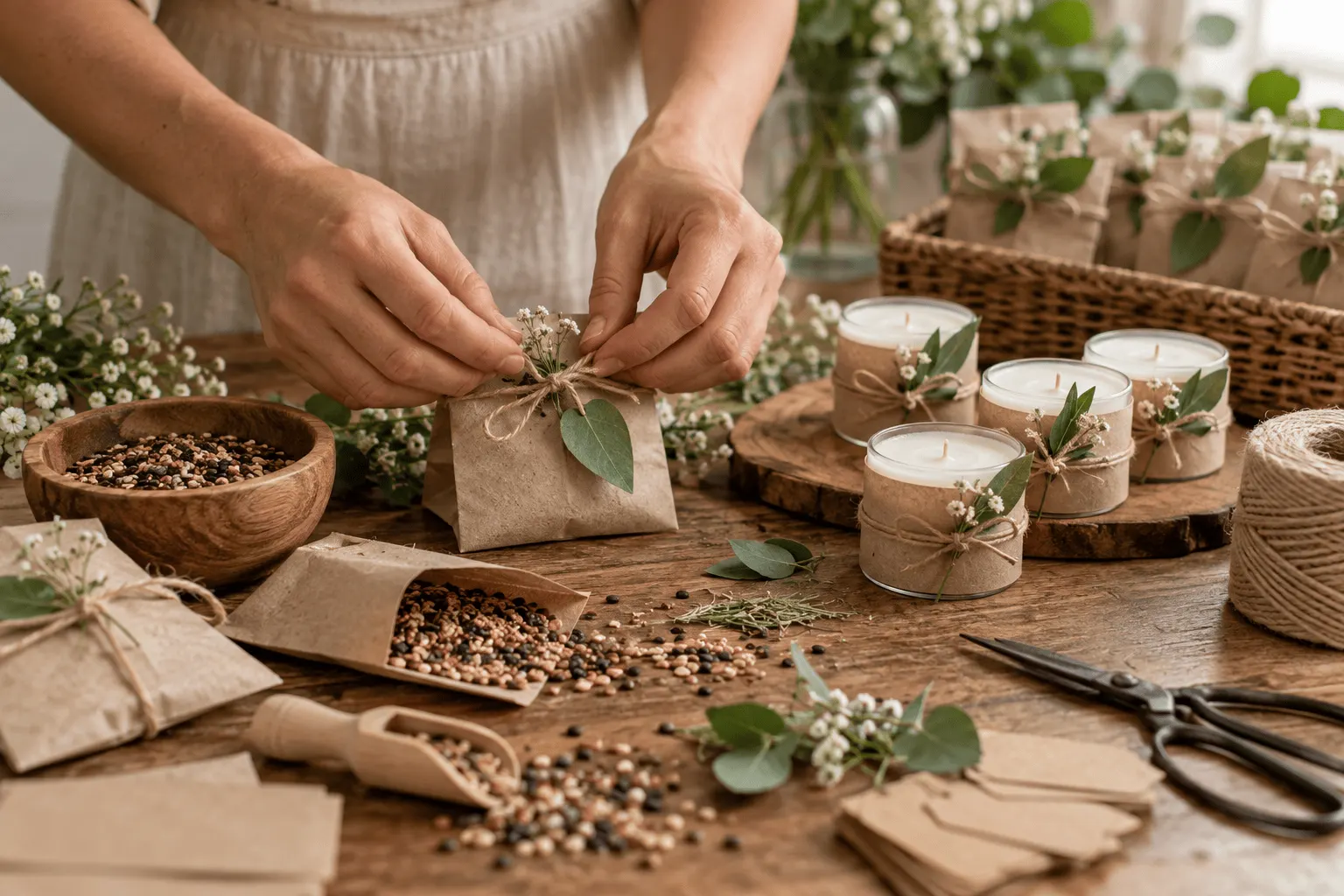 Mãos montam lembranças sustentáveis com sementes e pequenas velas