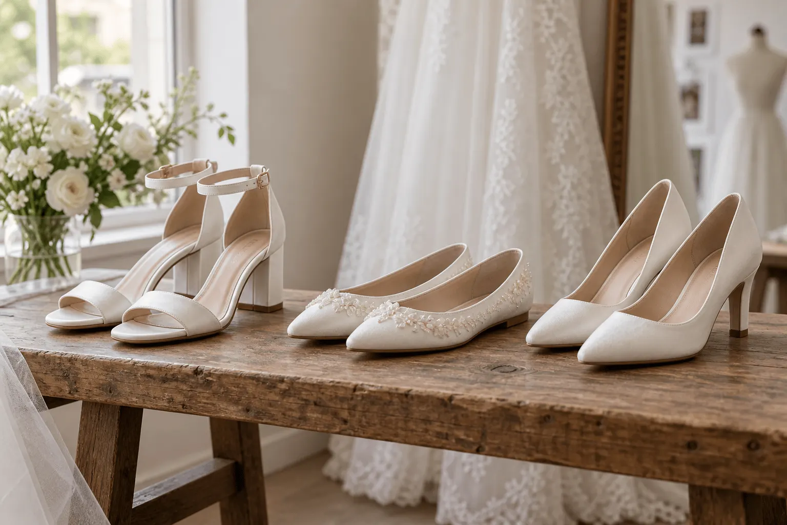 Opções de sapatos de noiva com salto bloco, sapatilha e salto médio