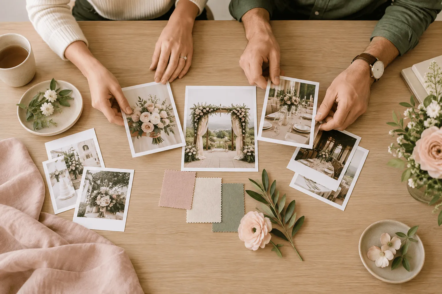 Casal organiza poucas referências coordenadas para o tema do casamento