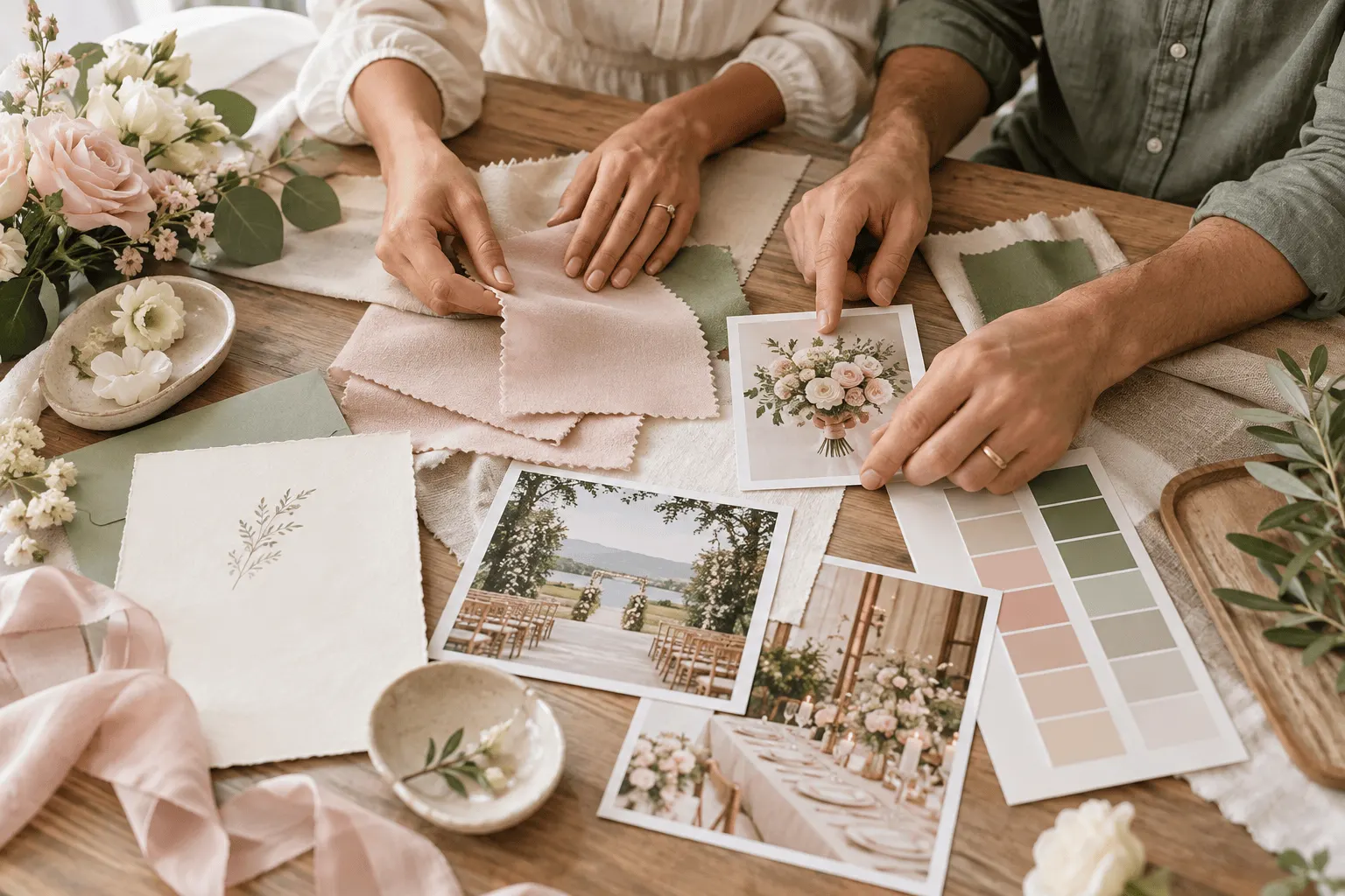 Casal compara cores, flores e tecidos para definir o tema do casamento