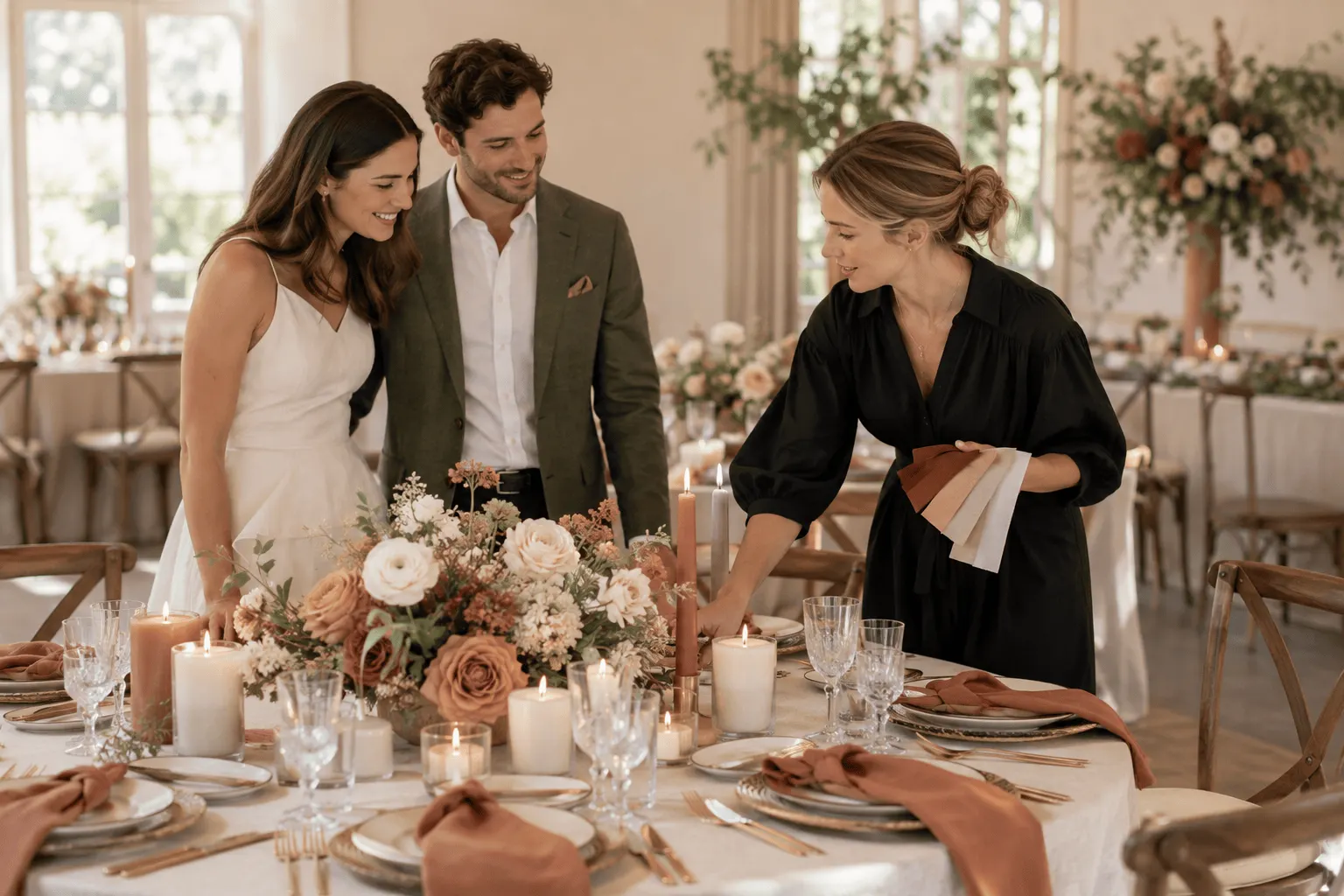 Casal e decoradora avaliam como o tema aparece na mesa da recepção