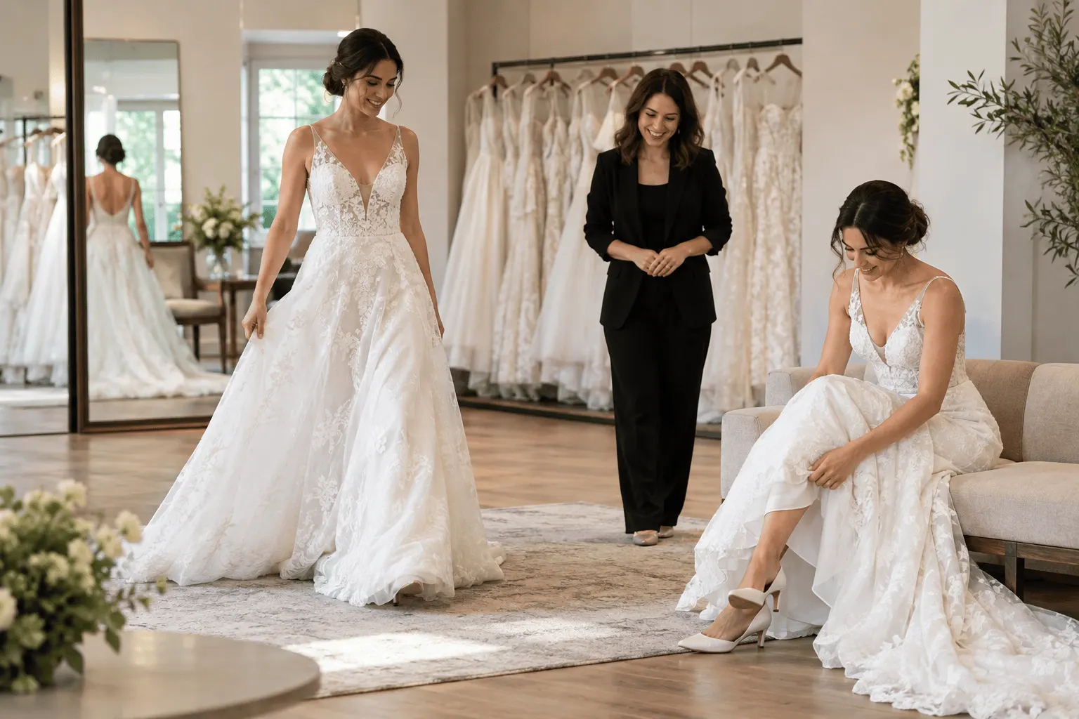 Noiva caminha e senta durante a prova do vestido