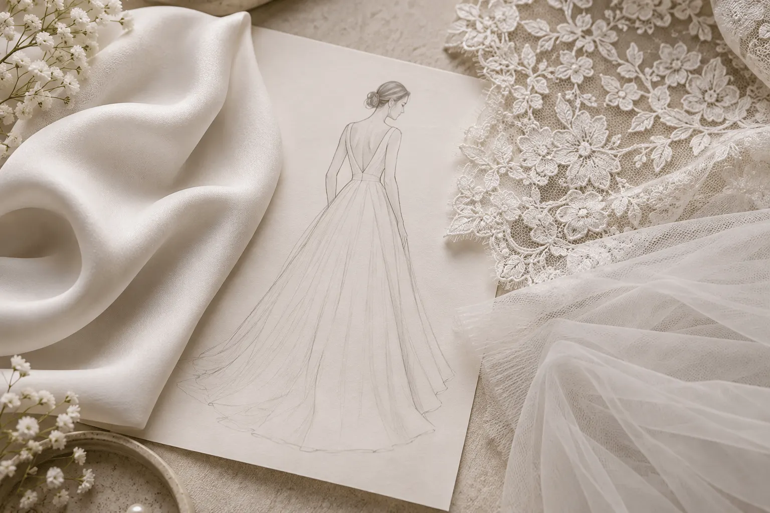 Crepe, renda e tule ao lado de desenho de vestido de noiva