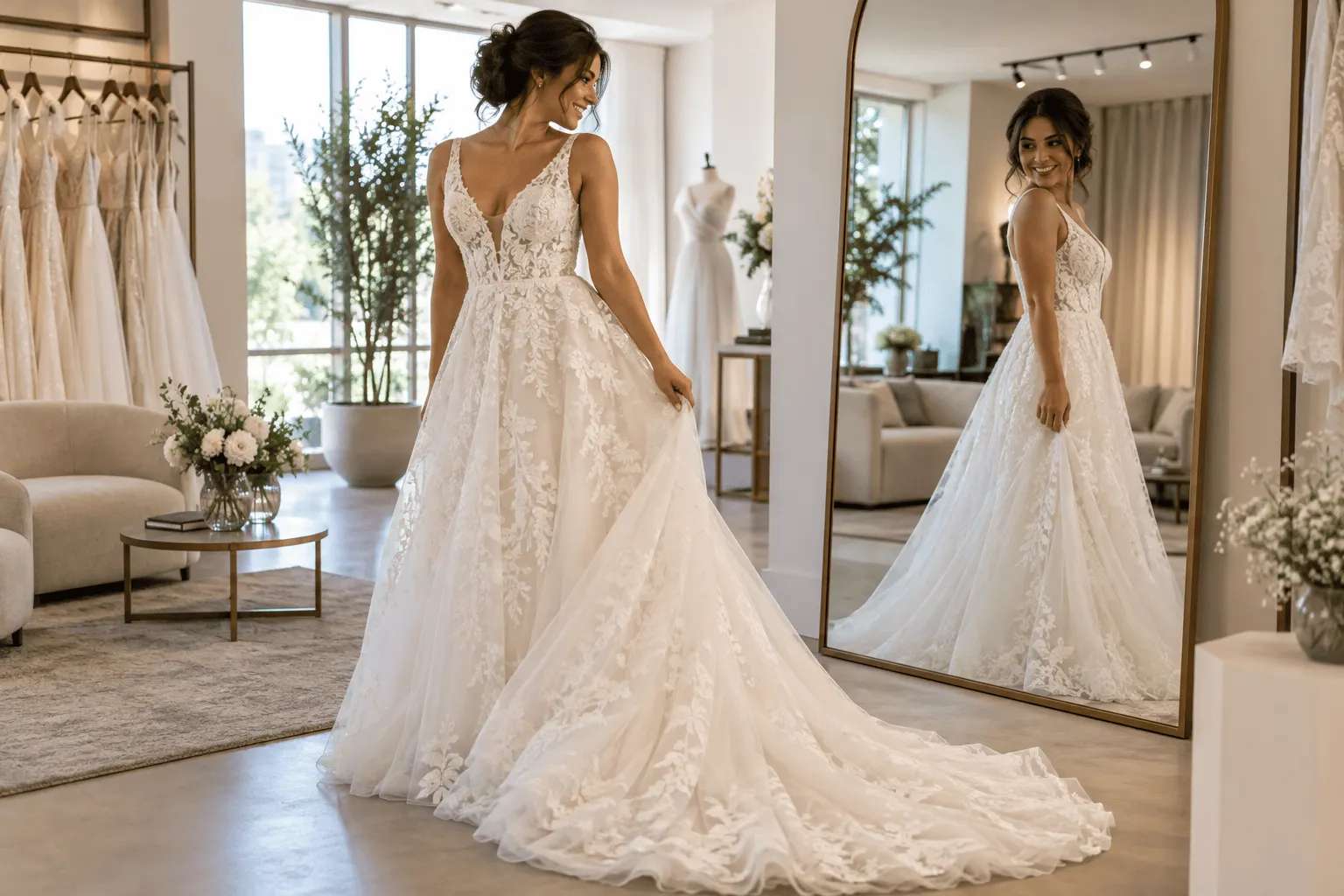 Noiva observa seu vestido durante uma prova em atelier