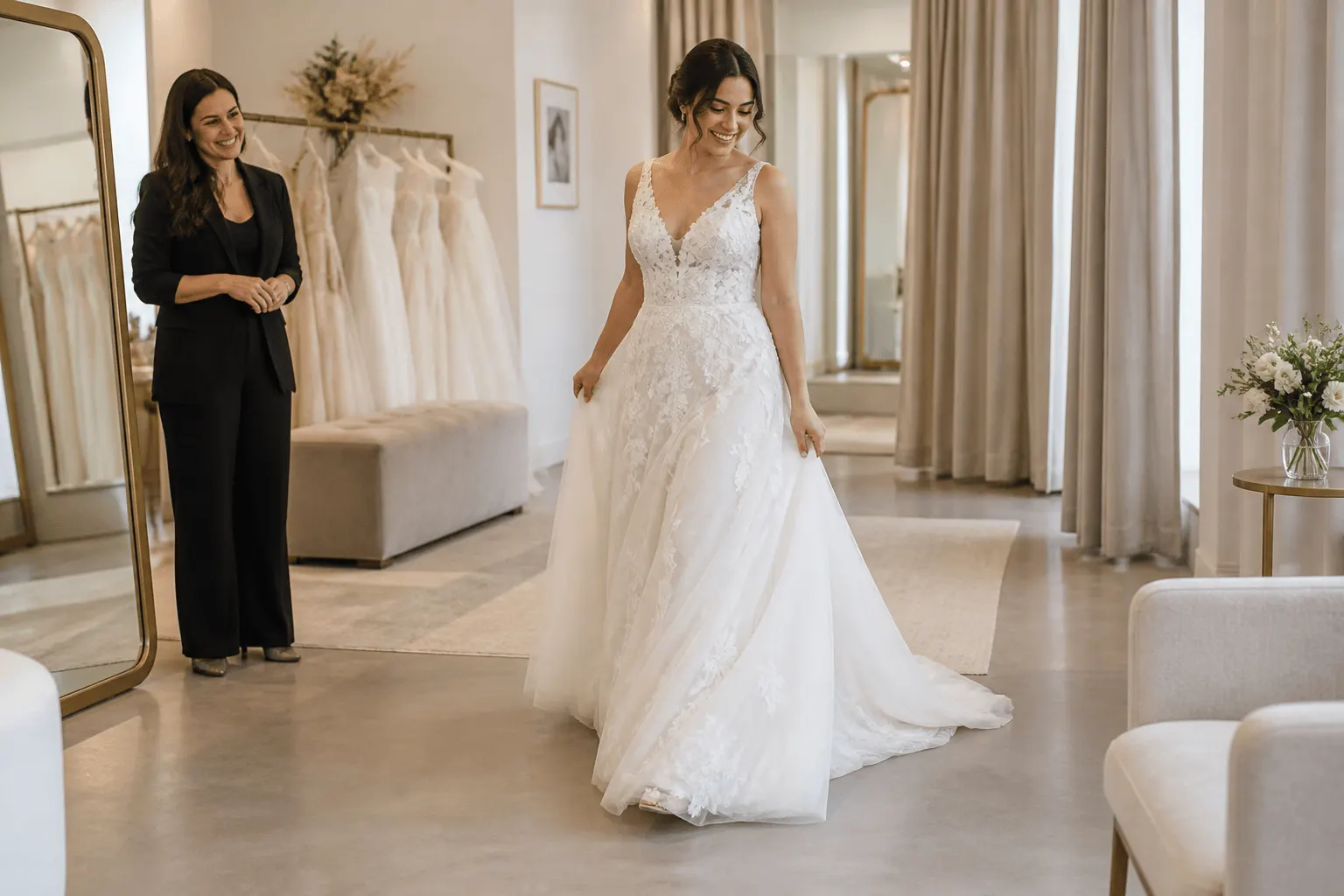 Noiva caminha durante prova para testar movimento do vestido