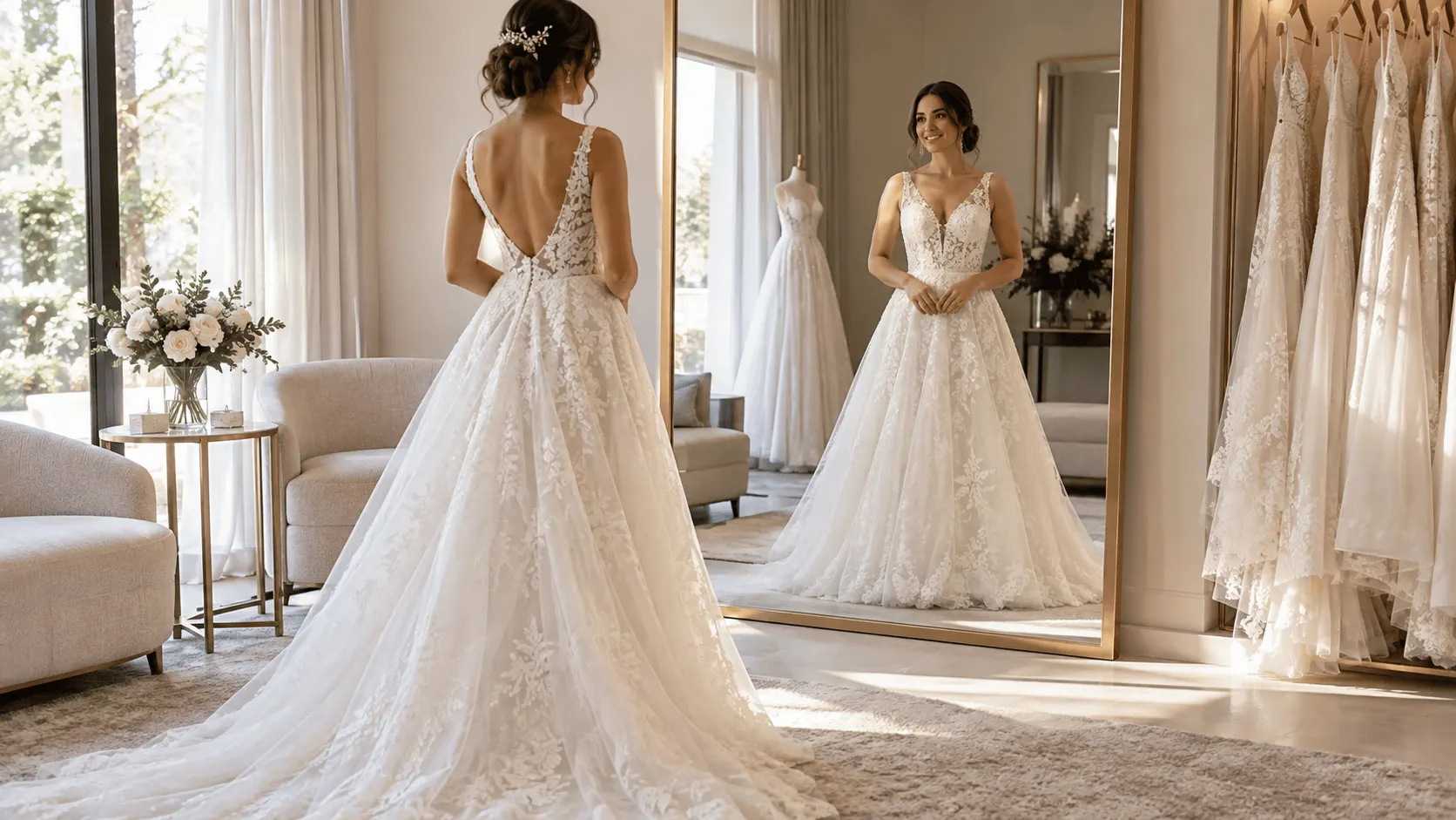 Noiva observa o vestido no espelho durante prova em atelier