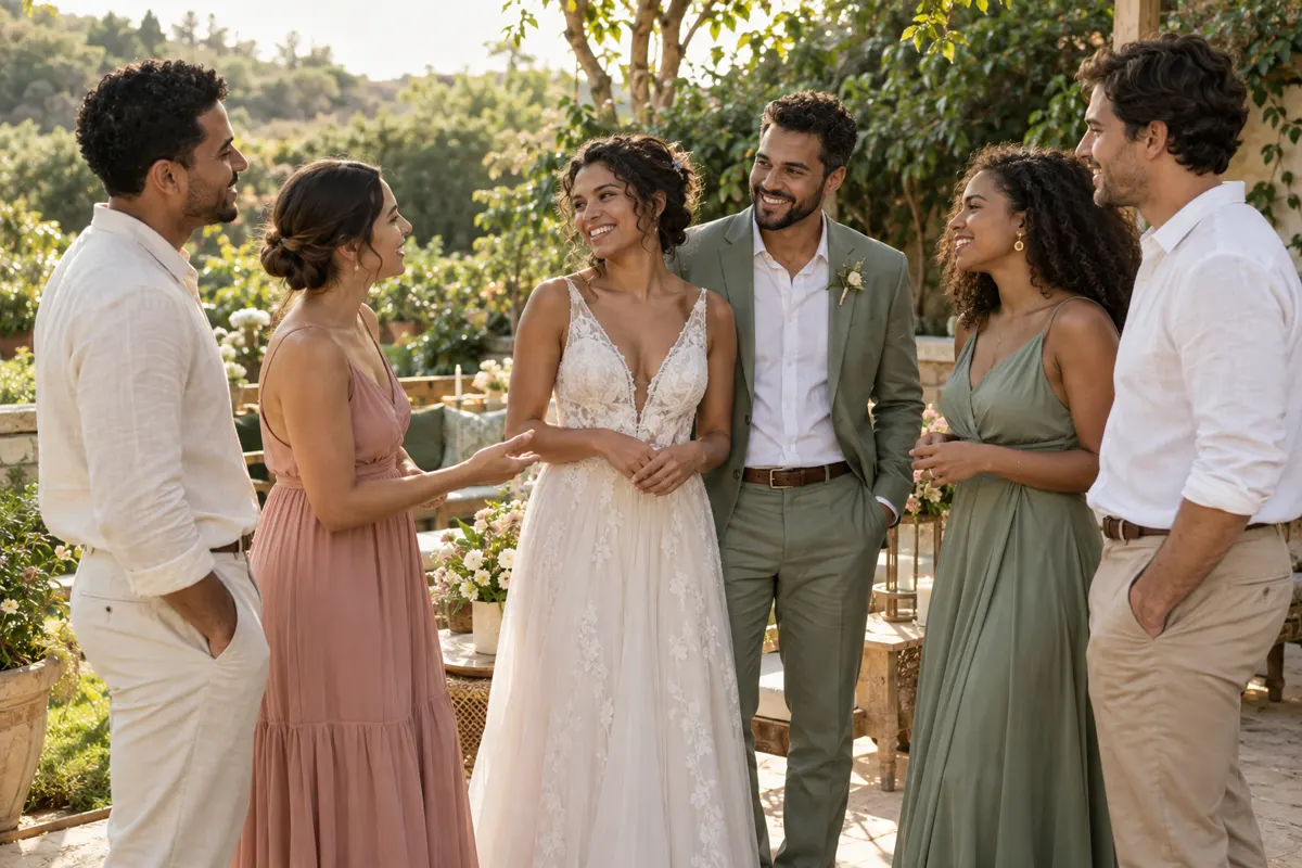 Noivos conversam com amigos escolhidos para participar do casamento