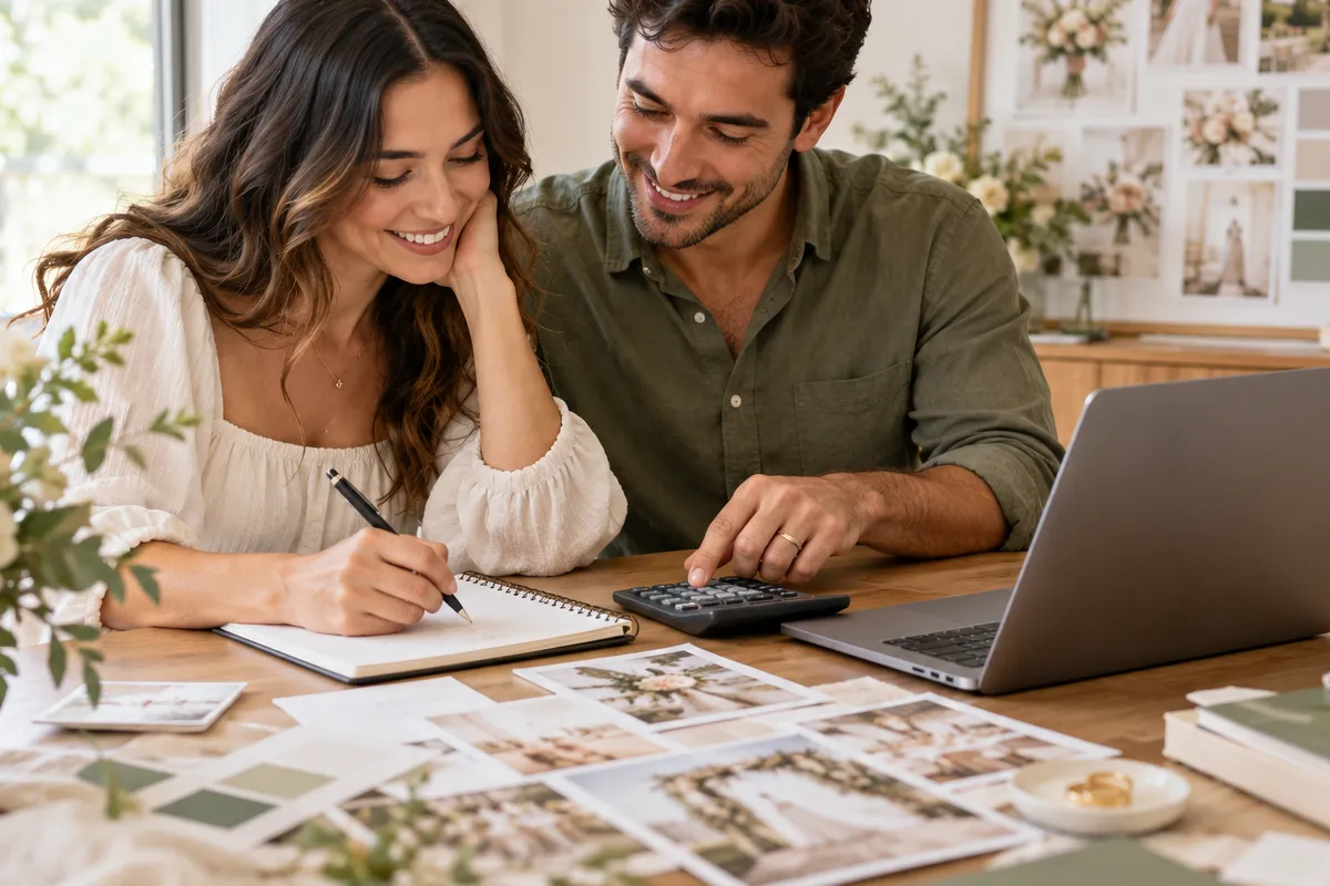 Casal organiza o orçamento do casamento com caderno, calculadora e computador