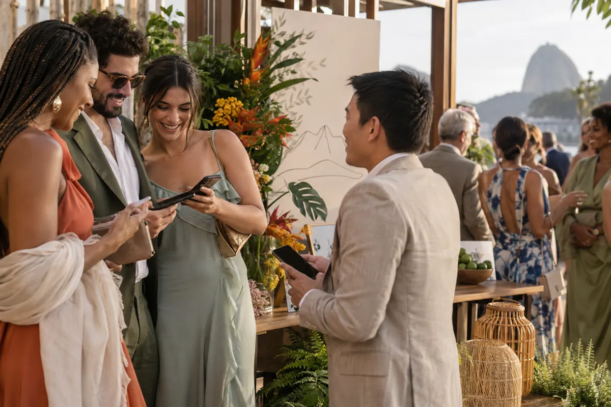 Convidados consultam informações digitais em uma recepção de casamento contemporânea