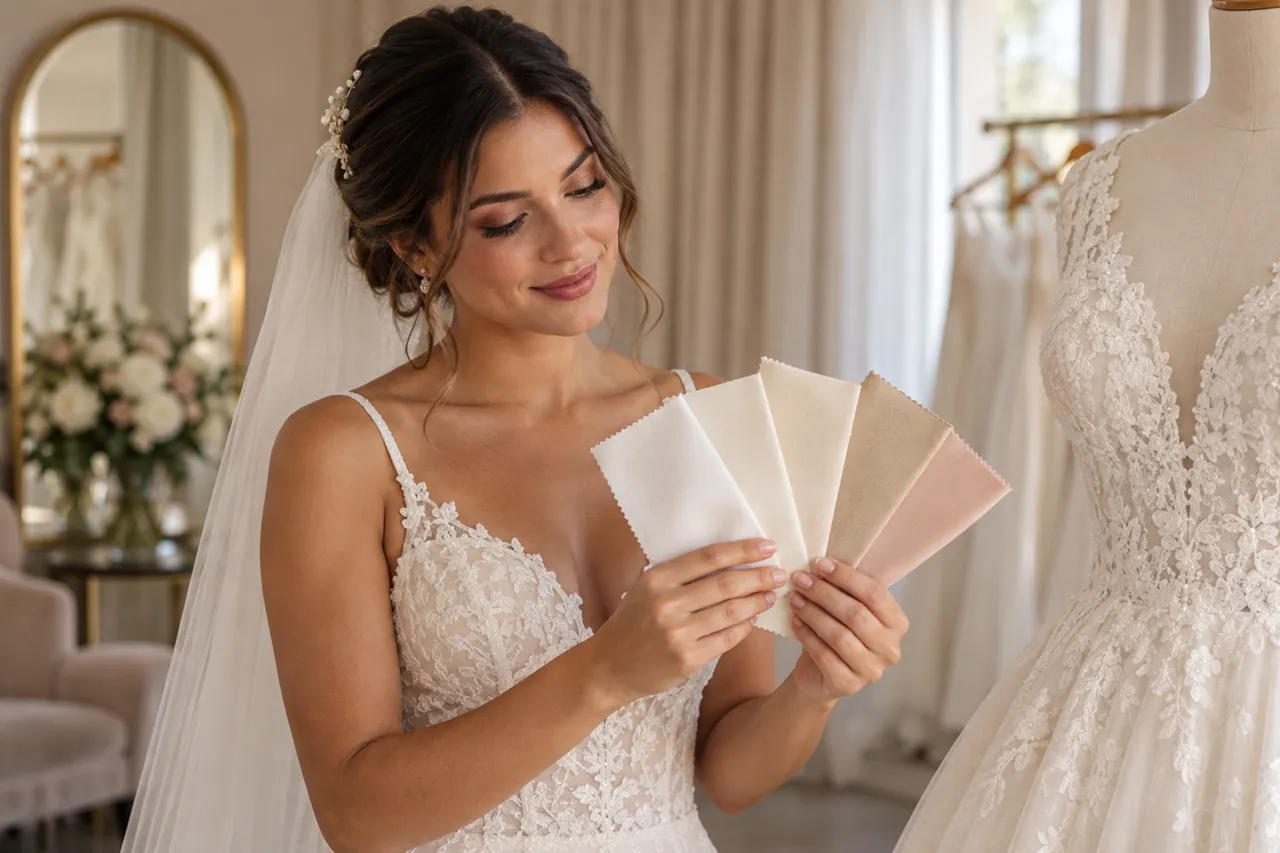 Noiva compara amostras de branco, off-white, marfim, champagne e blush em um ateliê