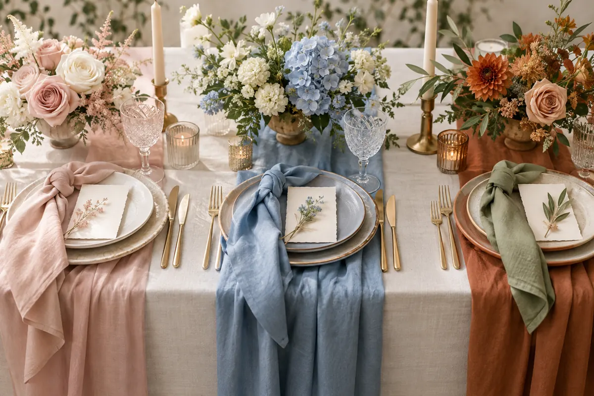Três combinações de cores para casamento com flores, tecidos e mesa posta