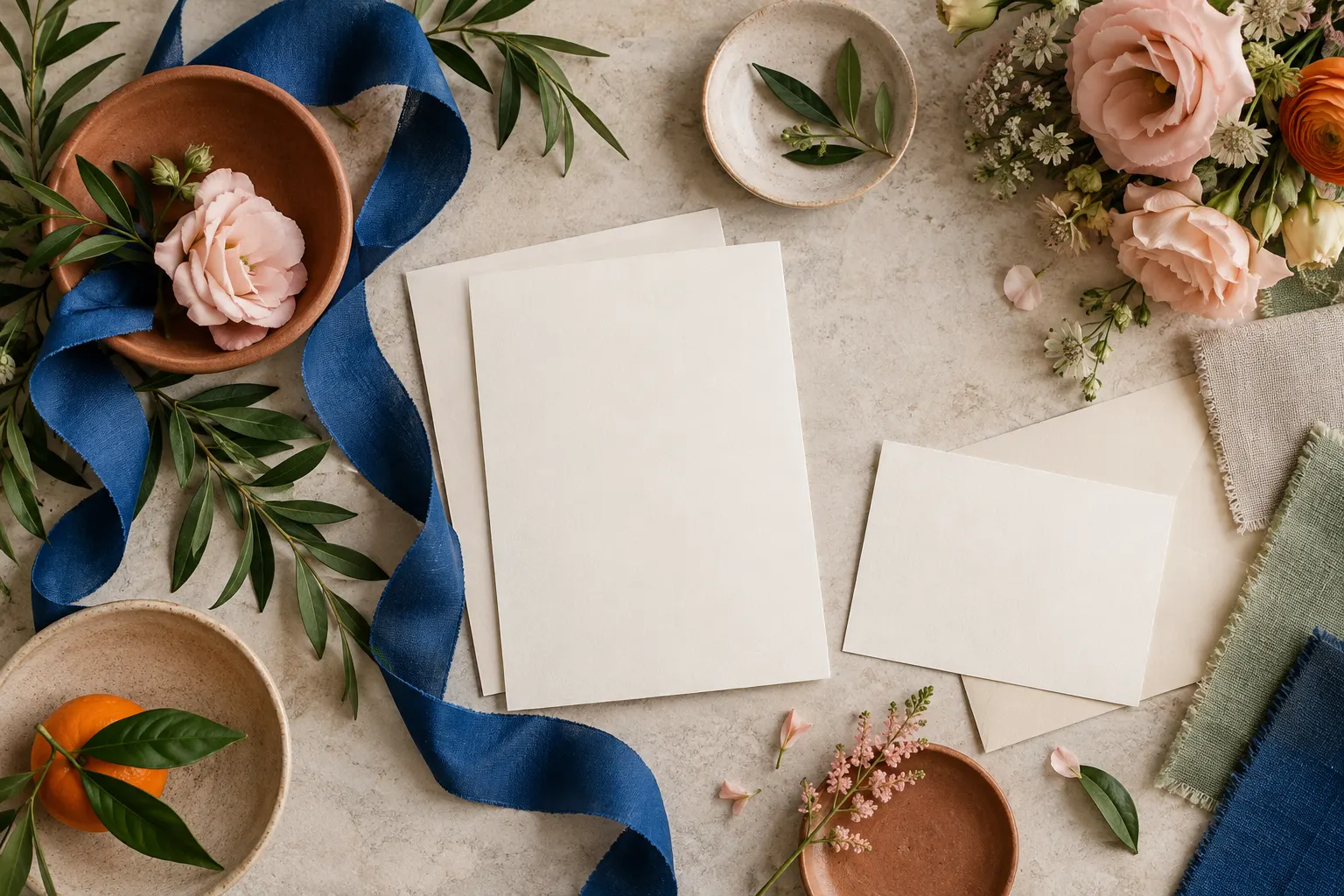 Composição de fitas azuis, flores rosadas, folhas verdes e papéis claros para paleta de casamento