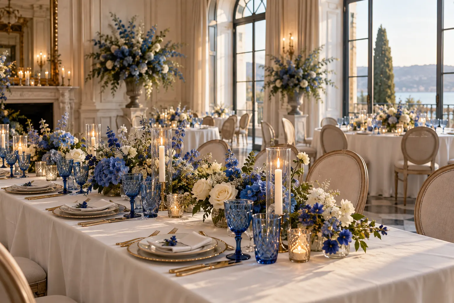 Mesa de casamento com flores e taças azuis, toalha clara e luz de fim de tarde