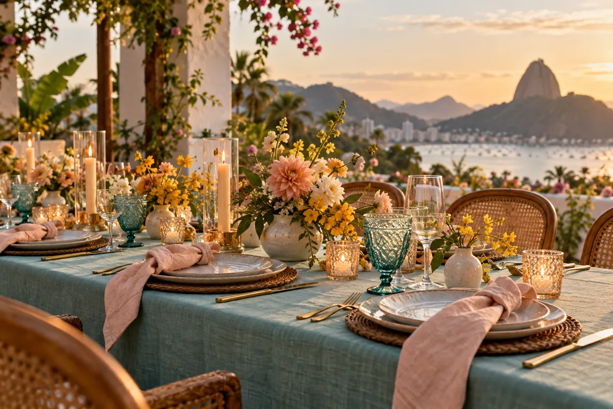Mesa de casamento com toalha azul, flores amarelas e detalhes em rosa