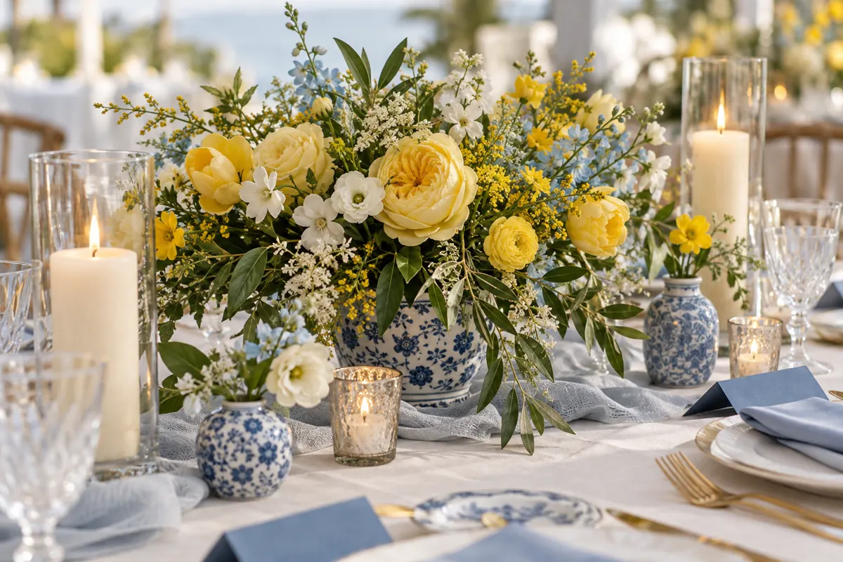 Mesa de casamento decorada com flores amarelas, detalhes azuis e velas claras