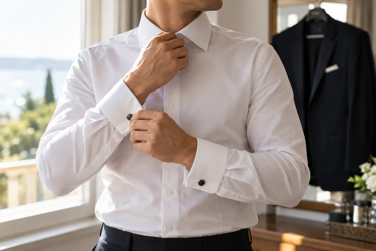 Noivo ajusta o colarinho e o punho de uma camisa branca antes do casamento