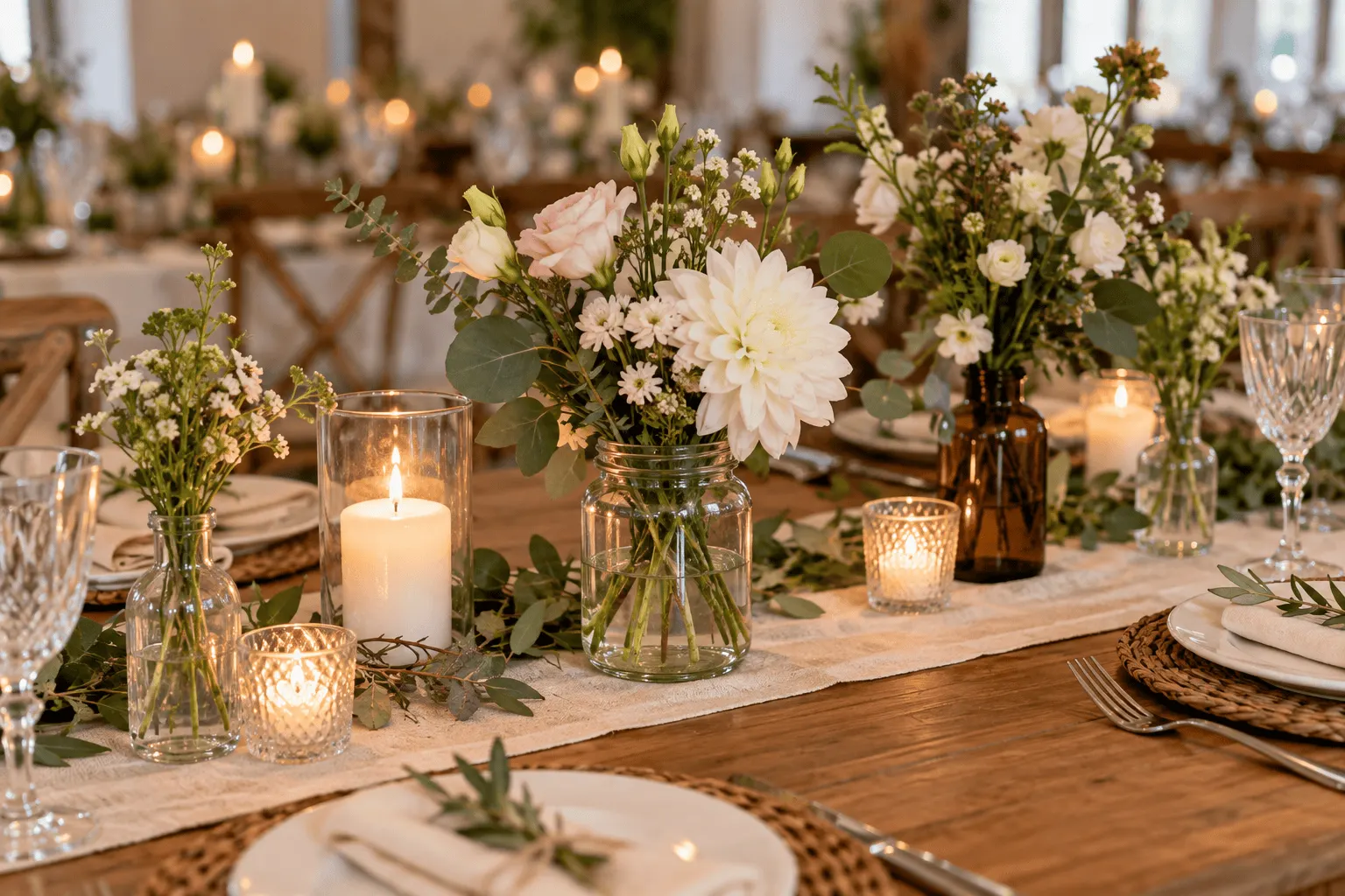 Decoração econômica de casamento com flores da estação e recipientes reutilizados