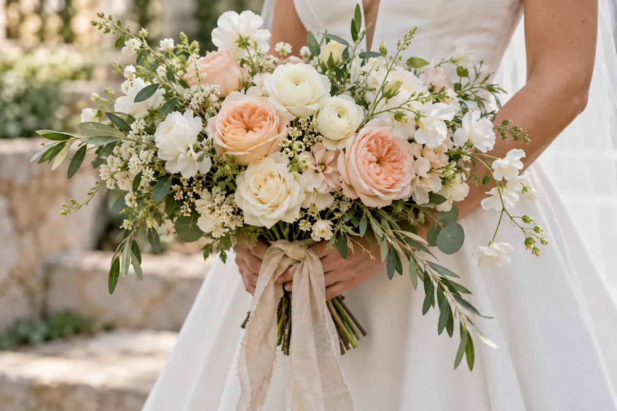 Buquê de noiva com rosas claras, flores pêssego e folhagens verdes